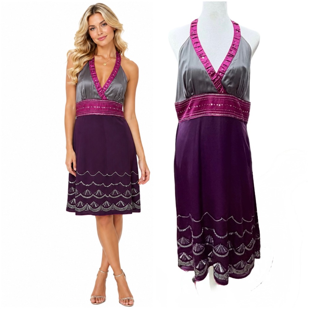 NWT Monsoon 100% Silk Beaded Halter Babydoll Midi Dress Sz 10 Y2K Fairy Coquette